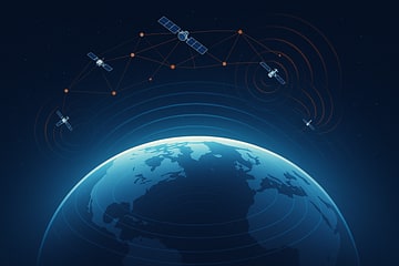 Multiple satellites in low-Earth orbit above Earth, with orange radio frequency interference waves radiating outward from each satellite, contrasting with blue protected radio astronomy observation bands rising from Earth's surface.