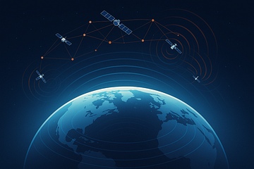 Multiple satellites in low-Earth orbit above Earth, with orange radio frequency interference waves radiating outward from each satellite, contrasting with blue protected radio astronomy observation bands rising from Earth's surface.