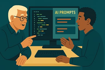 Illustration showing senior and junior developer pairing, reviewing both code and AI prompts together