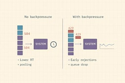 Reject early (429) vs time out late (504), showing system stability difference.