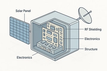 Isometric cutaway view of a cube-shaped satellite revealing internal components including RF shielding layer, circuit boards, electronics, solar panel, and dish antenna, illustrating potential sources of unintended radio emissions.