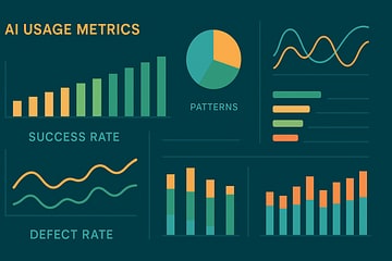 Illustration showing metrics dashboard tracking AI usage patterns and outcomes