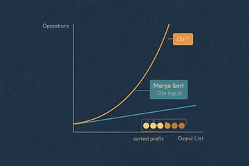 Line chart comparing O(n²) vs O(n log n) vs O(n) using minimalist Solarized colors, highlighting how O(n log n) scales gently as n increases, with Merge Sort clearly labeled.
