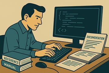Illustration showing a developer working alone, writing all code manually with reference materials nearby