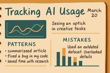 Illustration showing personal journal tracking AI usage patterns, wins, and mistakes