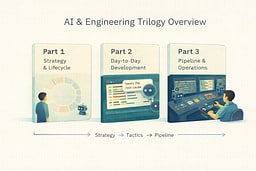 Infographic showing three parts of the AI & Engineering trilogy: Strategy & Lifecycle, Day-to-Day Development, and Pipeline & Operations