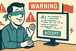 Illustration showing a developer blindly accepting AI-generated code without review, with warning signs visible