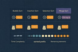 Comparison chart showing Merge Sort alongside Bubble Sort, Insertion Sort, and Selection Sort, highlighting time complexity, space complexity, and stability characteristics.