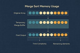 Memory diagram showing the space overhead of Merge Sort: temporary arrays created during merge operations, with O(n) space complexity visualized.