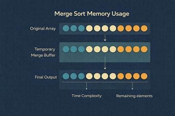 Memory diagram showing the space overhead of Merge Sort: temporary arrays created during merge operations, with O(n) space complexity visualized.
