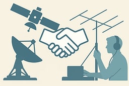 Symbolic illustration showing a handshake icon connecting a radio telescope on one side and a satellite silhouette on the other, representing the collaborative cooperation needed between satellite networks and radio observatories.