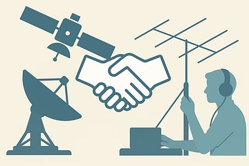 Symbolic illustration showing a handshake icon connecting a radio telescope on one side and a satellite silhouette on the other, representing the collaborative cooperation needed between satellite networks and radio observatories.
