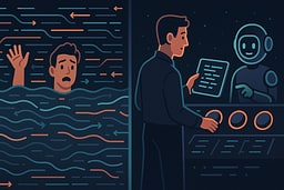 Abstract diagram showing the shift from manual coding to strategic thinking, with code generation tools as assistants rather than replacements