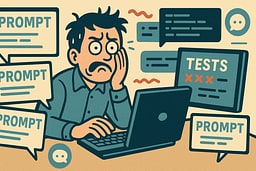 Illustration showing a developer stuck in a loop of rewriting prompts, with code and tests ignored