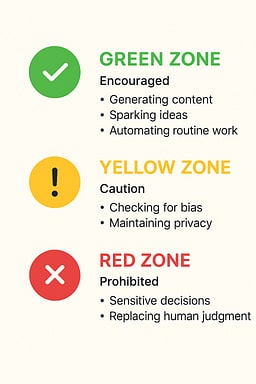 Diagram showing three zones for AI usage: green (encouraged), yellow (caution), red (prohibited)