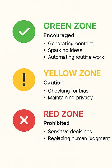 Diagram showing three zones for AI usage: green (encouraged), yellow (caution), red (prohibited)
