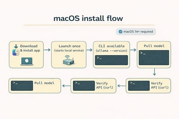 Flow diagram showing macOS install paths for Ollama via app or Homebrew