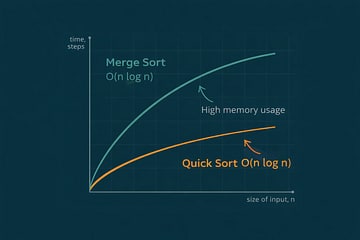 Line graph comparing Quick Sort and Merge Sort performance, showing both have O(n log n) average time complexity, but Quick Sort requires fewer steps in practice. Merge Sort is annotated with 'High memory usage'.
