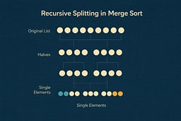 Recursive splitting diagram showing the tree structure of Merge Sort's divide phase, with each level splitting arrays in half until reaching single elements.