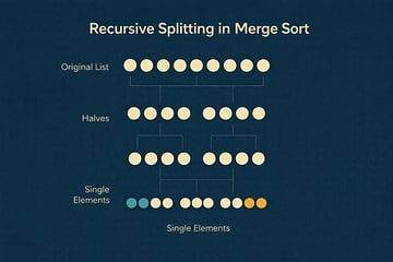 Recursive splitting diagram showing the tree structure of Merge Sort's divide phase, with each level splitting arrays in half until reaching single elements.