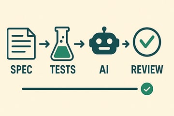 Flow diagram showing Spec → Tests → AI → Review workflow with clear handoff points