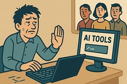 Illustration showing a developer refusing AI tools while struggling with manual work, with team members waiting