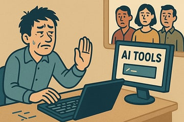 Illustration showing a developer refusing AI tools while struggling with manual work, with team members waiting