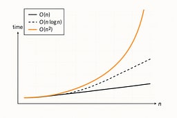 Line chart comparing O(n), O(n log n), and O(n²) growth for increasing n.