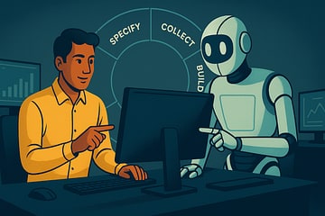 Illustration showing developer and AI working together as teammates at a command center, with the lifecycle visible in the background