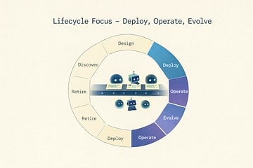 Lifecycle diagram highlighting Deploy, Operate, and Evolve stages with CI/CD pipeline integration