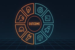 Circular diagram showing the eight-stage lifecycle: Discover, Define, Design, Develop, Deploy, Operate, Evolve, and Retire, with Outcome at the center