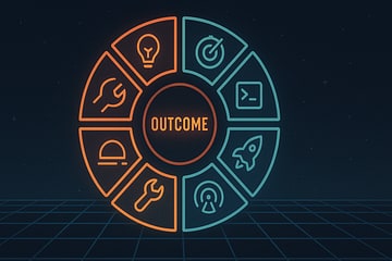 Circular diagram showing the eight-stage lifecycle: Discover, Define, Design, Develop, Deploy, Operate, Evolve, and Retire, with Outcome at the center