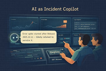 Operations dashboard with AI assistant summarizing error patterns, engineers analyzing together
