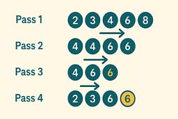 Horizontal rows representing multiple insertion passes. Each row shows the key element highlighted in Solarized orange and teal elements shifting right with arrows indicating movement direction. Each pass is labeled with its iteration number. Soft cream background with Solarized color accents.