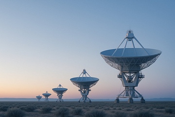 Low-frequency radio telescope array under a twilight sky with satellite trails overhead