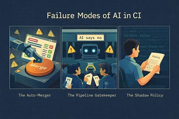 Three-panel illustration showing The Auto-Merger, The Pipeline Gatekeeper, and The Shadow Policy failure modes