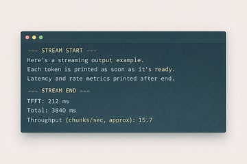 Terminal output showing streamed responses with TTFT and throughput metrics