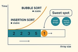 Visual comparison chart showing Insertion Sort's position among sorting algorithms, highlighting its strengths for small arrays and nearly-sorted data with complexity curves and stability indicators.