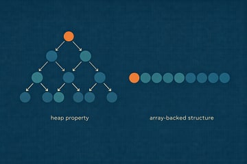 Max heap shown as a binary tree and as an array with the root highlighted.