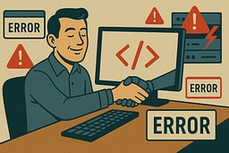 Illustration showing a developer blindly accepting AI code without review, with production issues visible