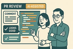 Illustration showing PR review process with AI-generated code, emphasizing transparency and manual review