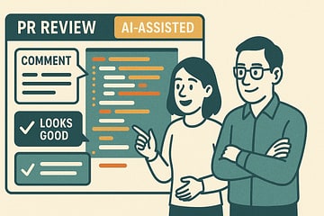 Illustration showing PR review process with AI-generated code, emphasizing transparency and manual review