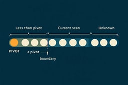 Callout diagram showing an array divided into three regions: left (less than pivot), middle (current scan), right (unknown). Pivot fixed at one end. A boundary index is clearly marked. Subtle labels allowed. Solarized palette, instructional diagram style.