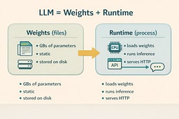 Diagram showing LLM weights as files and the runtime process that loads them to produce text output
