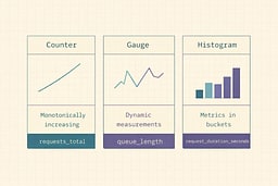 Counter vs Gauge vs Histogram explained with tiny visuals.