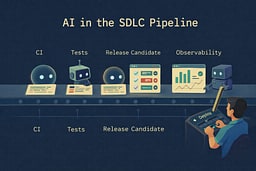 CI/CD pipeline diagram showing AI agents analyzing code, tests, and deployment stages with human engineer at the final deploy control point