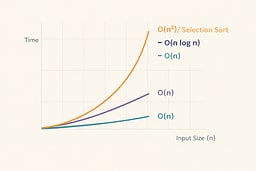 Line chart titled 'Selection Sort Time Complexity' comparing O(n) linear growth in black and O(n²) quadratic growth in Solarized orange. The quadratic curve rises steeply as input size increases, demonstrating why Selection Sort is slow for large datasets.