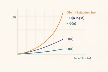 Line chart titled 'Selection Sort Time Complexity' comparing O(n) linear growth in black and O(n²) quadratic growth in Solarized orange. The quadratic curve rises steeply as input size increases, demonstrating why Selection Sort is slow for large datasets.