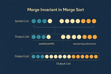 Callout diagram highlighting the loop invariant: the output list always contains the smallest elements from input lists in correct sorted order, with visual representation of the invariant being maintained during merge.