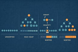 Step-by-step heap sort showing heap construction, root swap, and heapify-down.